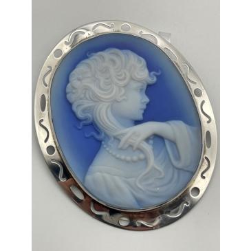 Ciondolo Spilla con Cameo di Agata Blu profilo di donna in Argento 925