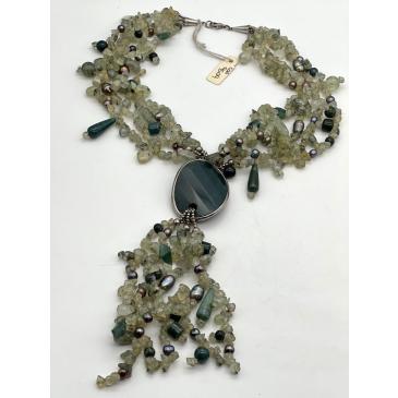 Collana in Agata Muschiata, Prehnite, Perle di Fiume e Argento