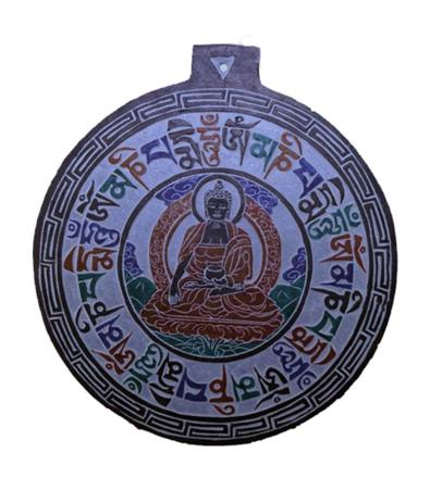 Bassorilievo in pietra ardesia raffigurante Buddha - Om Mani Pad Me Hum